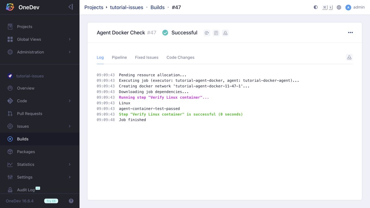 Successful job through the Docker-hosted agent