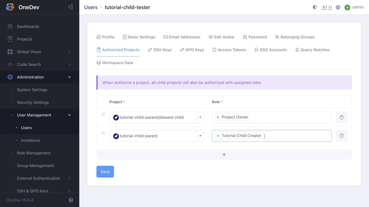 Parent project and child-creation role selected