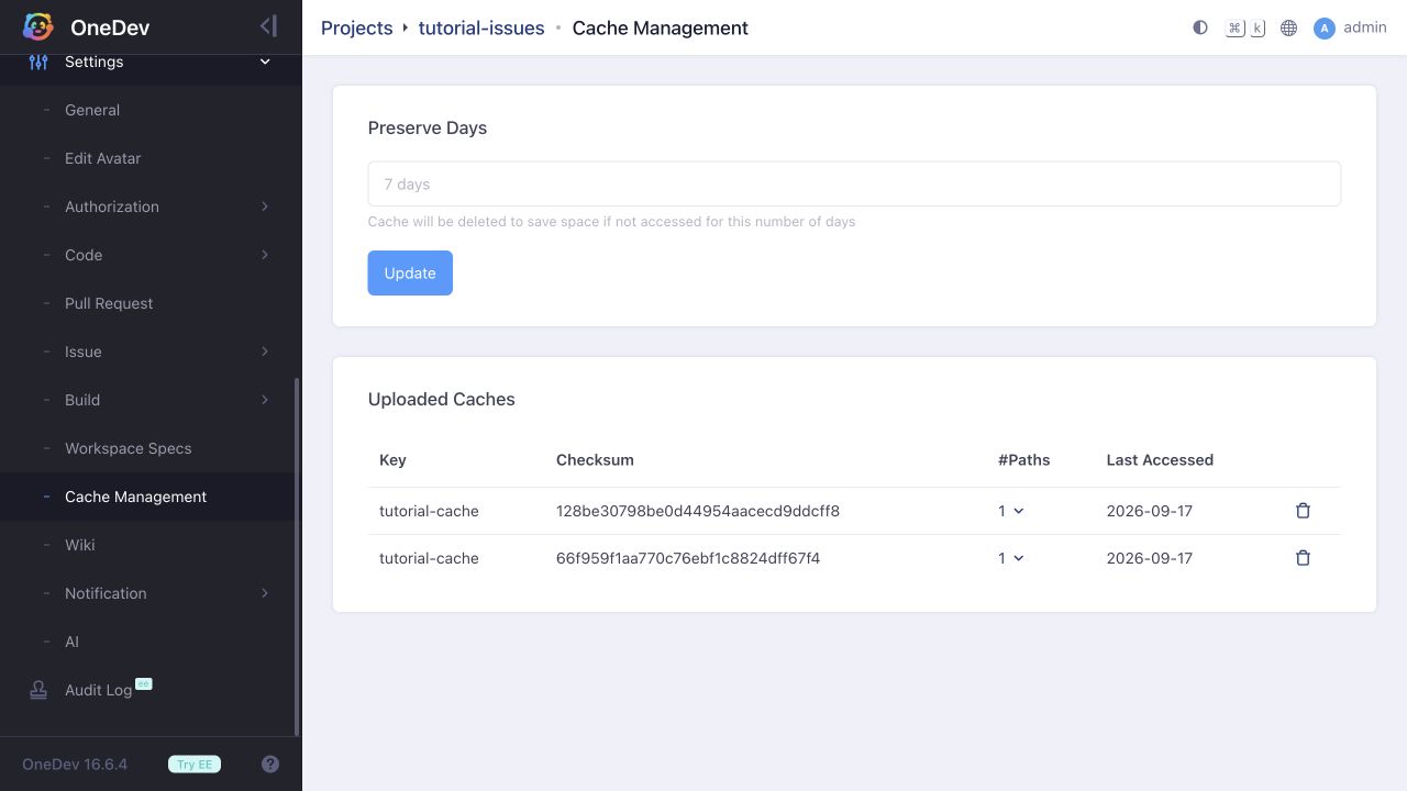 Uploaded cache versions and retention setting