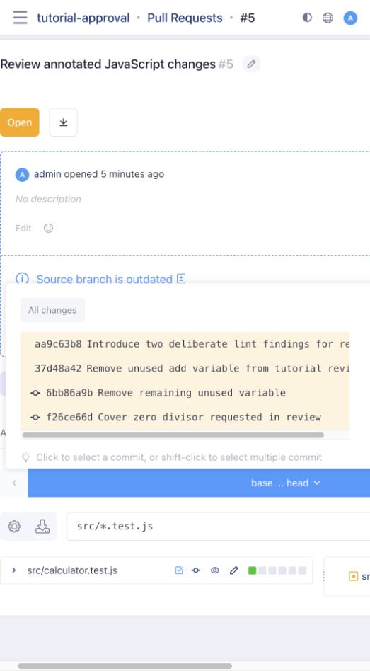 Commit selection, path filtering, and a reviewed file