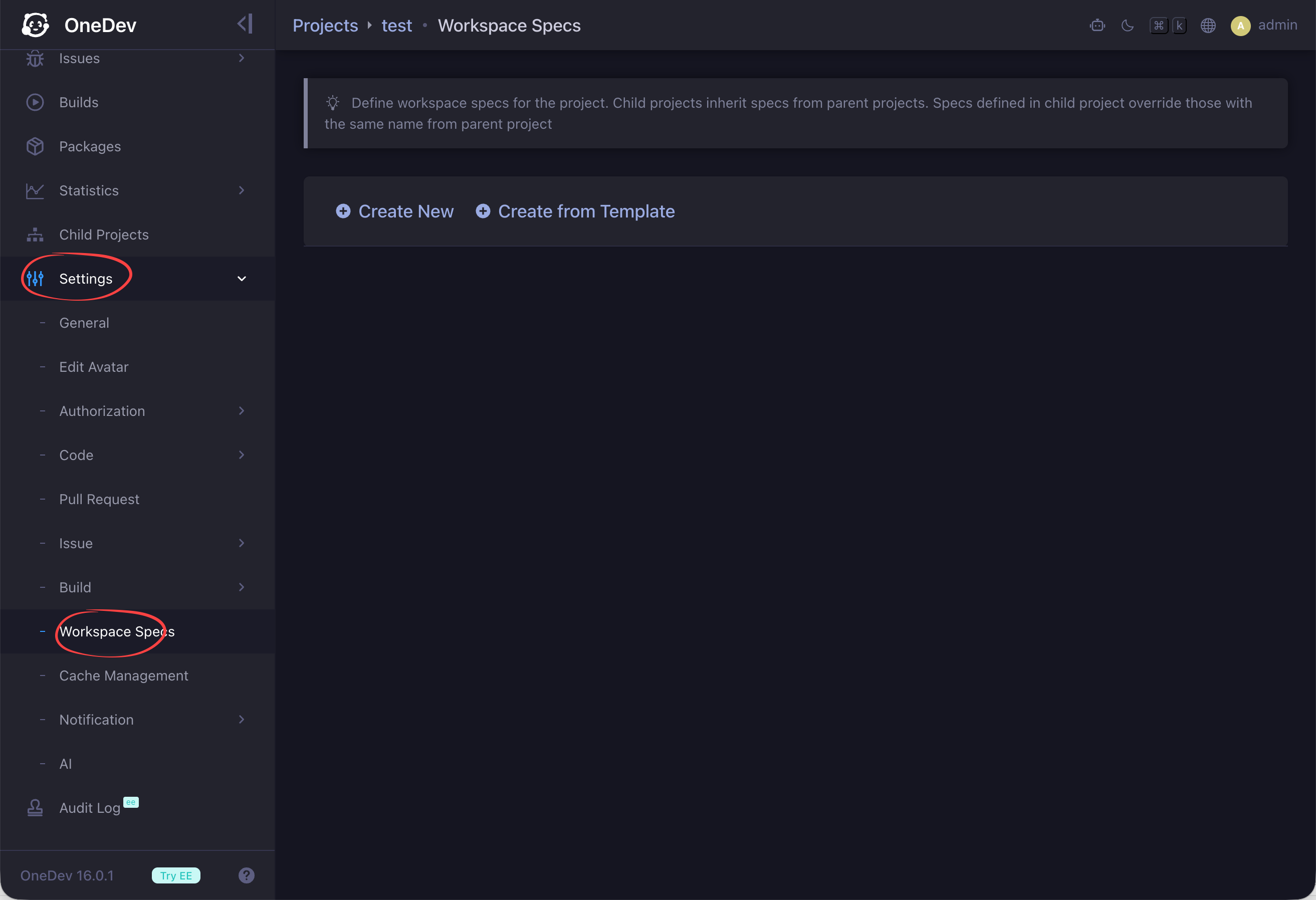 create workspace spec