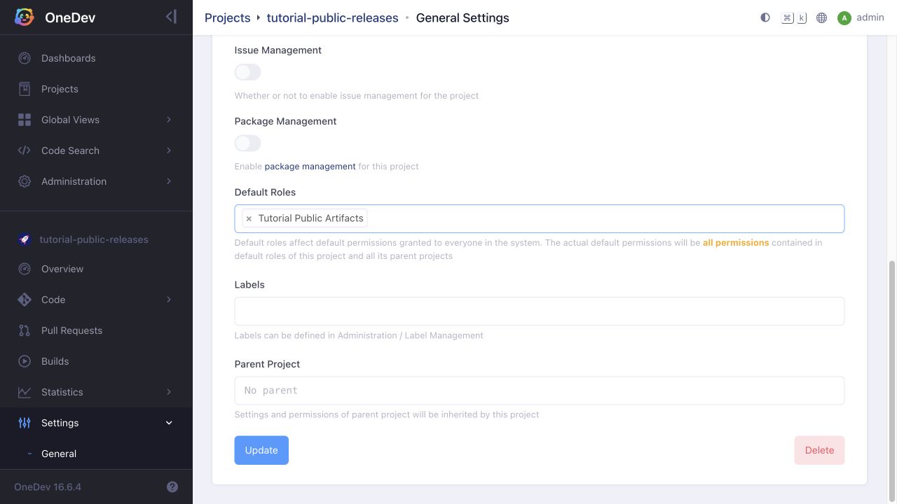 Public artifact role selected under Default Roles