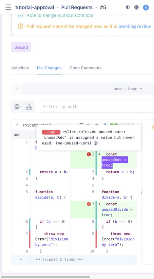 Jest coverage and an ESLint finding on a pull-request diff