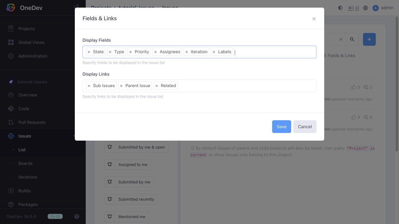 Issue list display fields