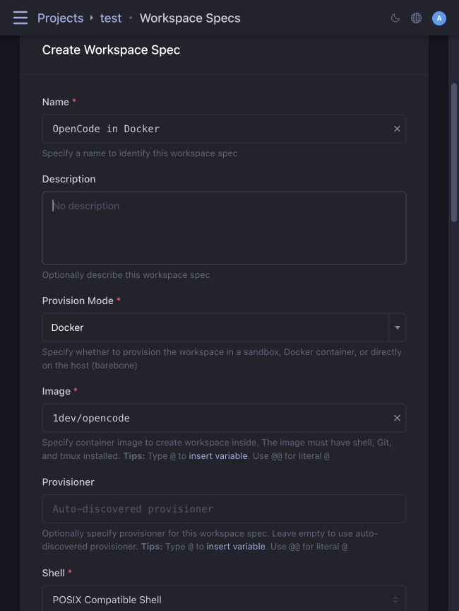 Docker workspace spec with its image and provisioner fields