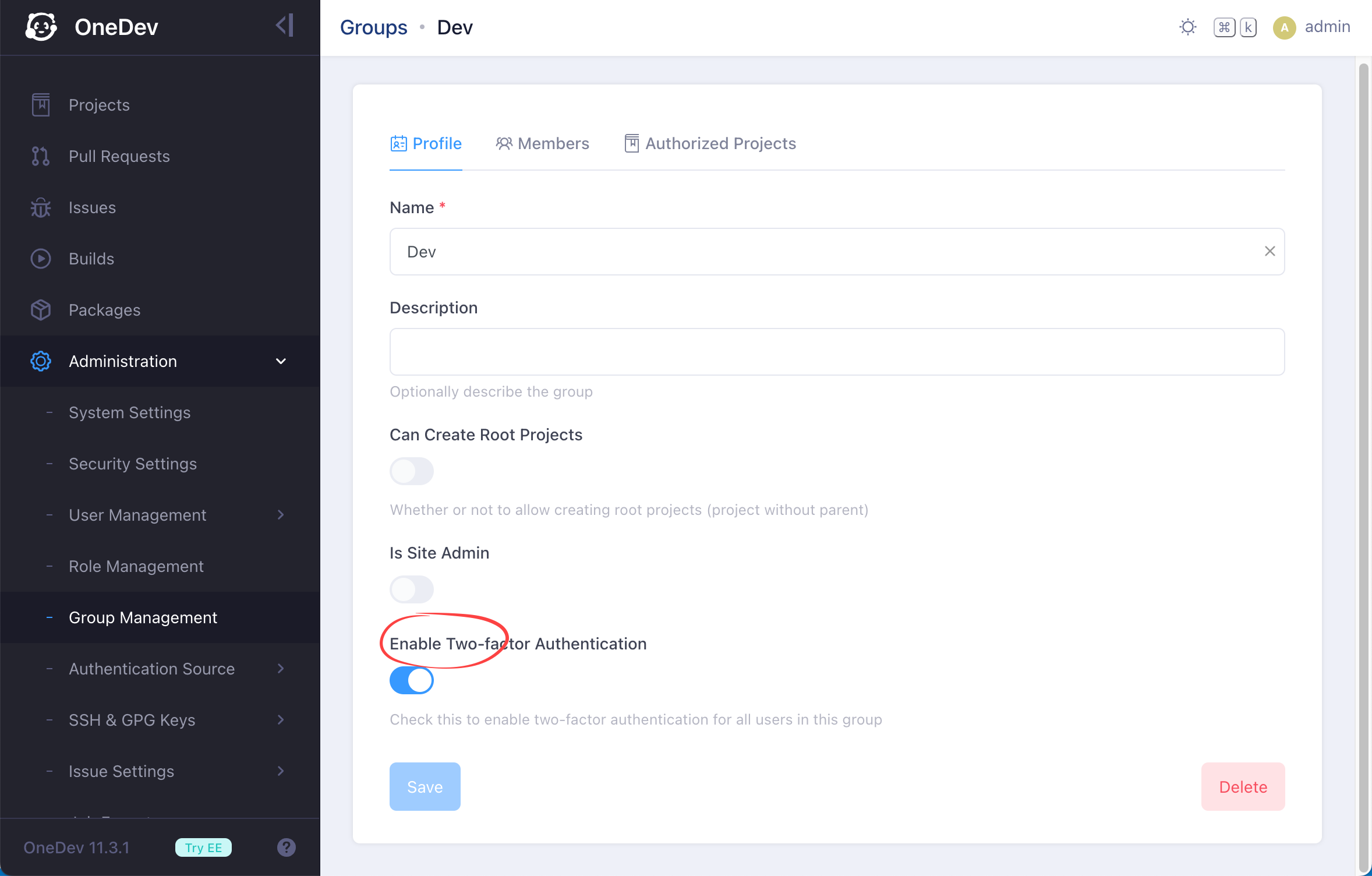 enable 2fa for group