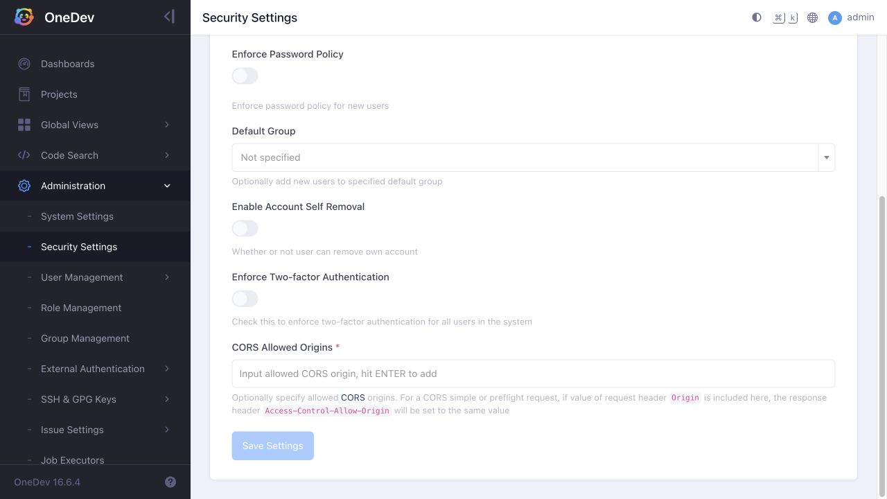 Global two-factor authentication setting