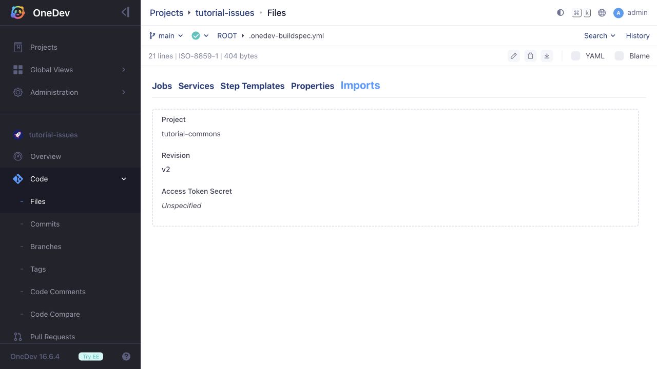 Import configuration, showing the v2 revision used below