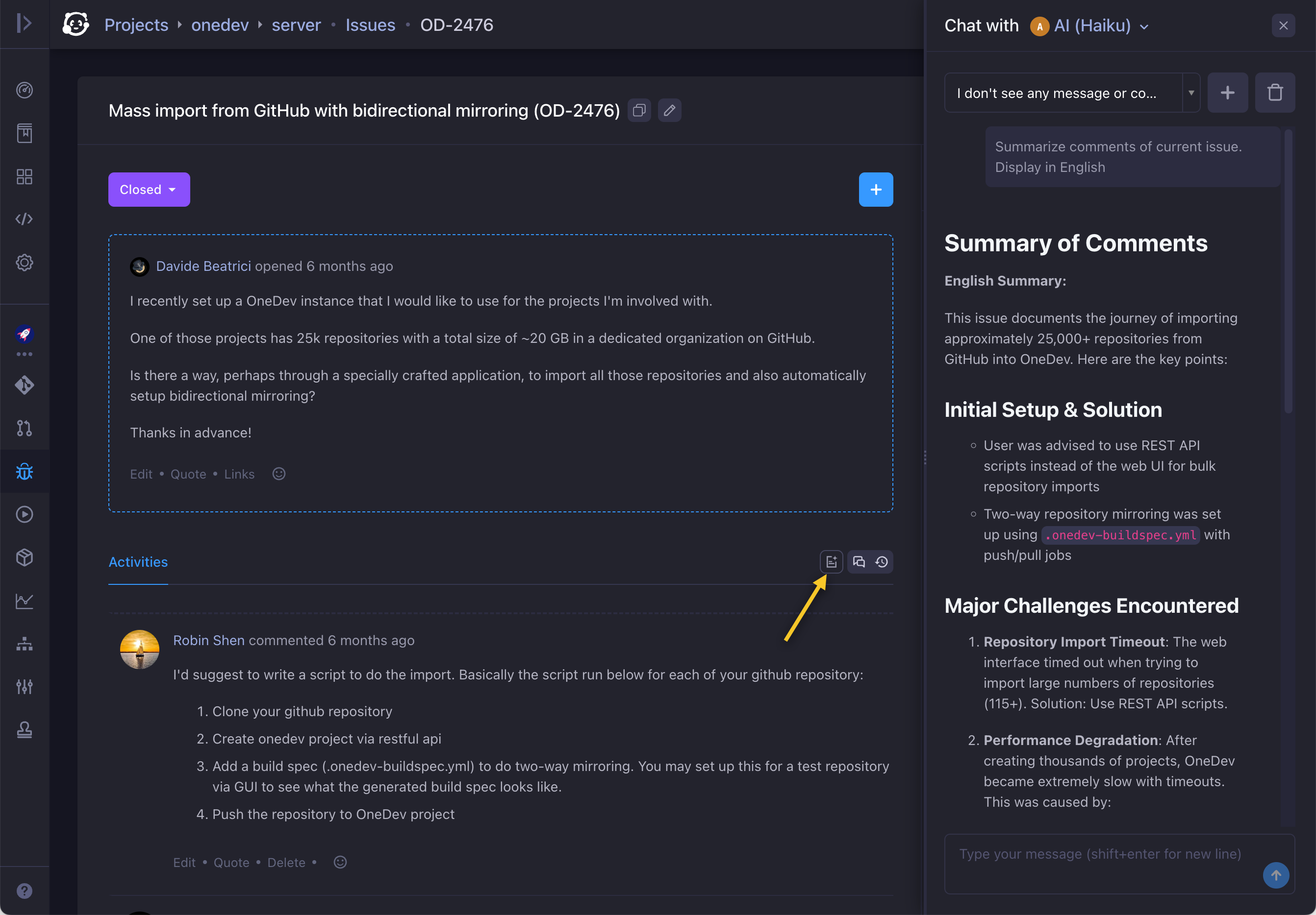 issue comment summary