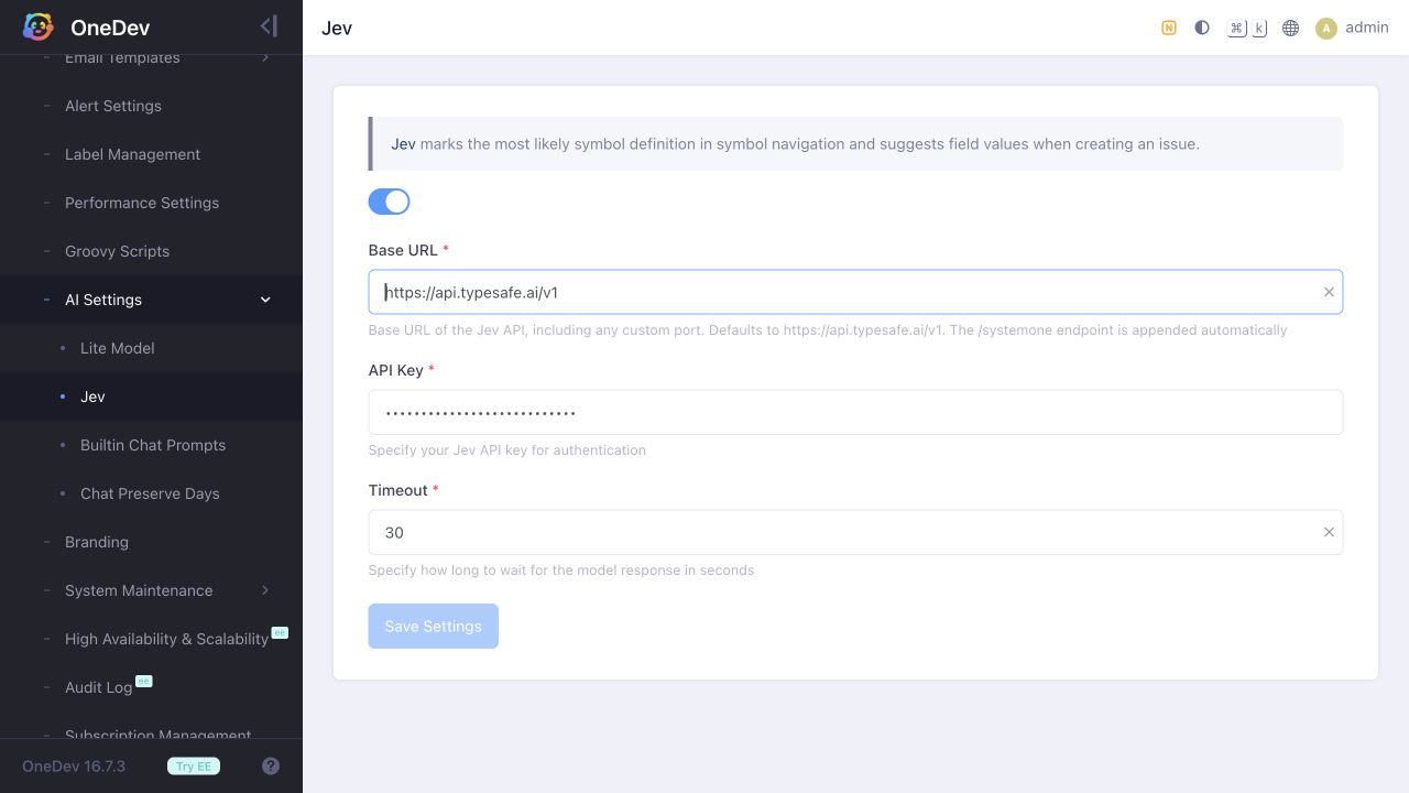 Jev settings showing the API base URL, API key, and timeout