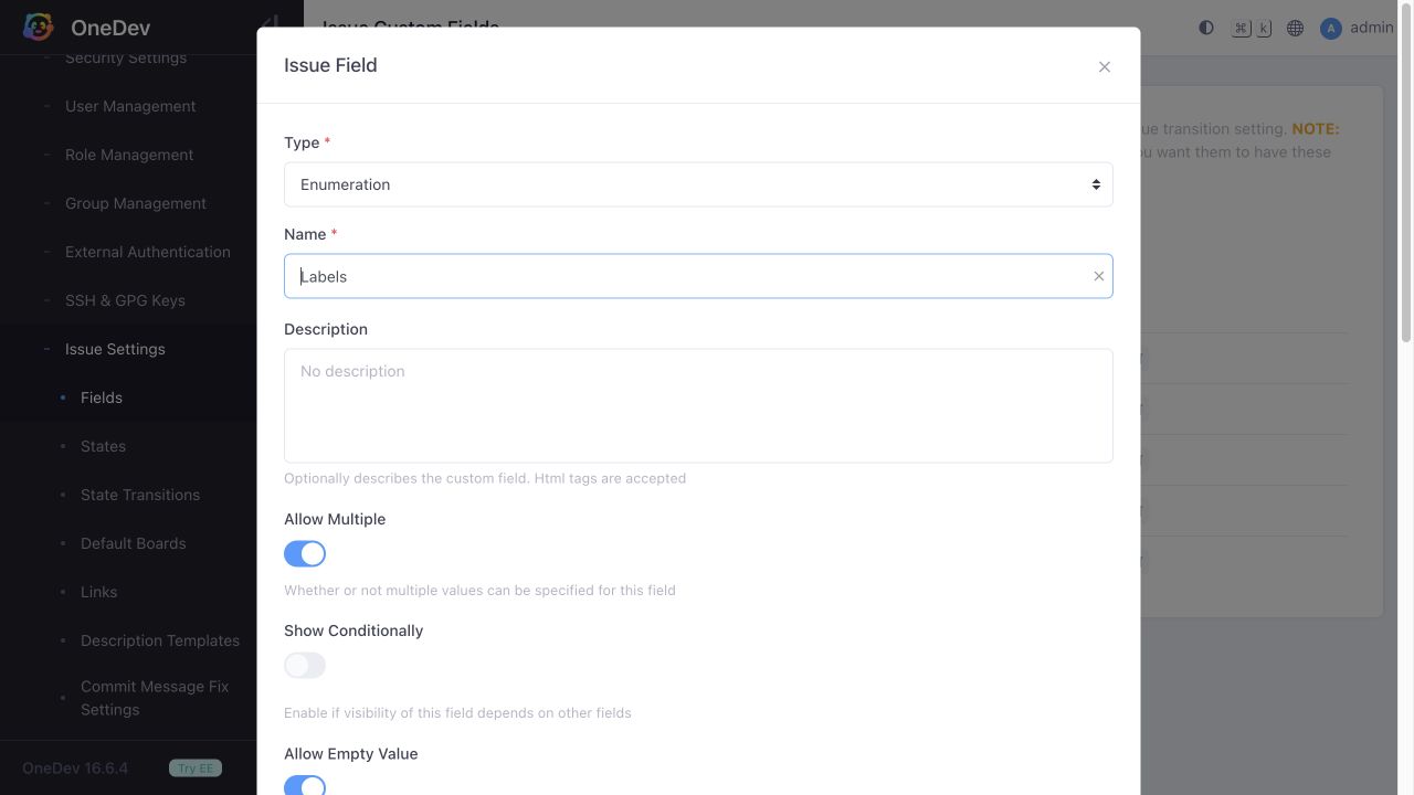 Labels field settings