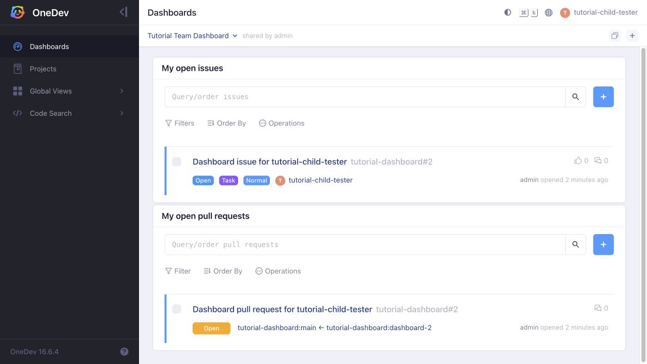 Shared dashboard showing the test member's assigned issue and pull request