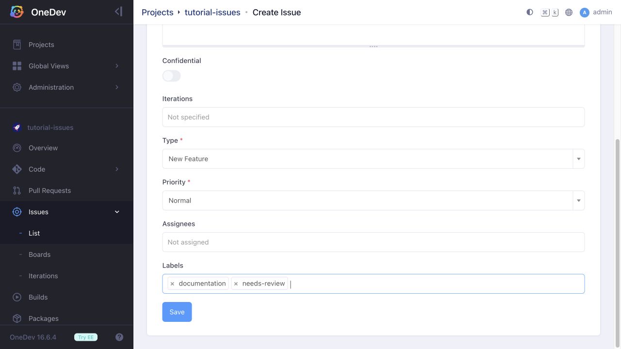 Creating an issue with two labels