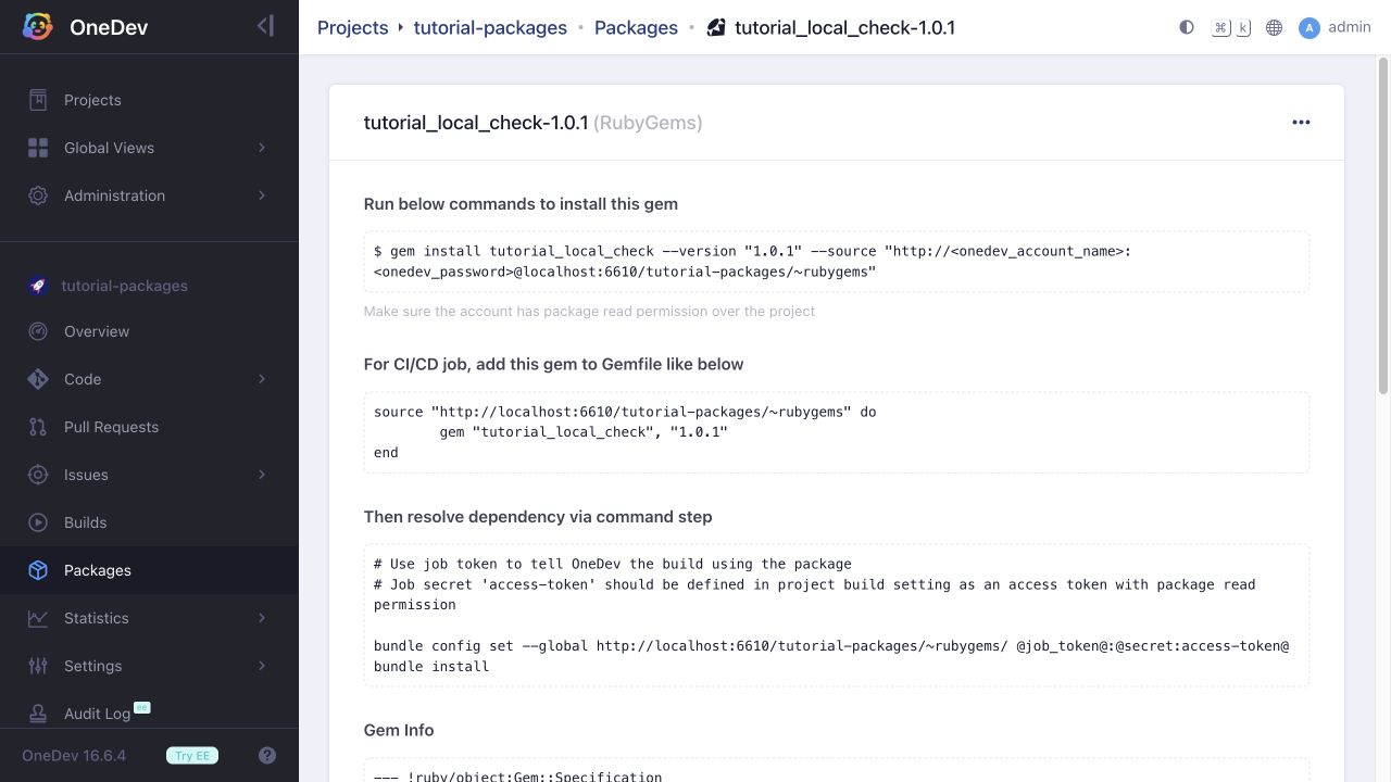 RubyGems package linked to its CI publishing build
