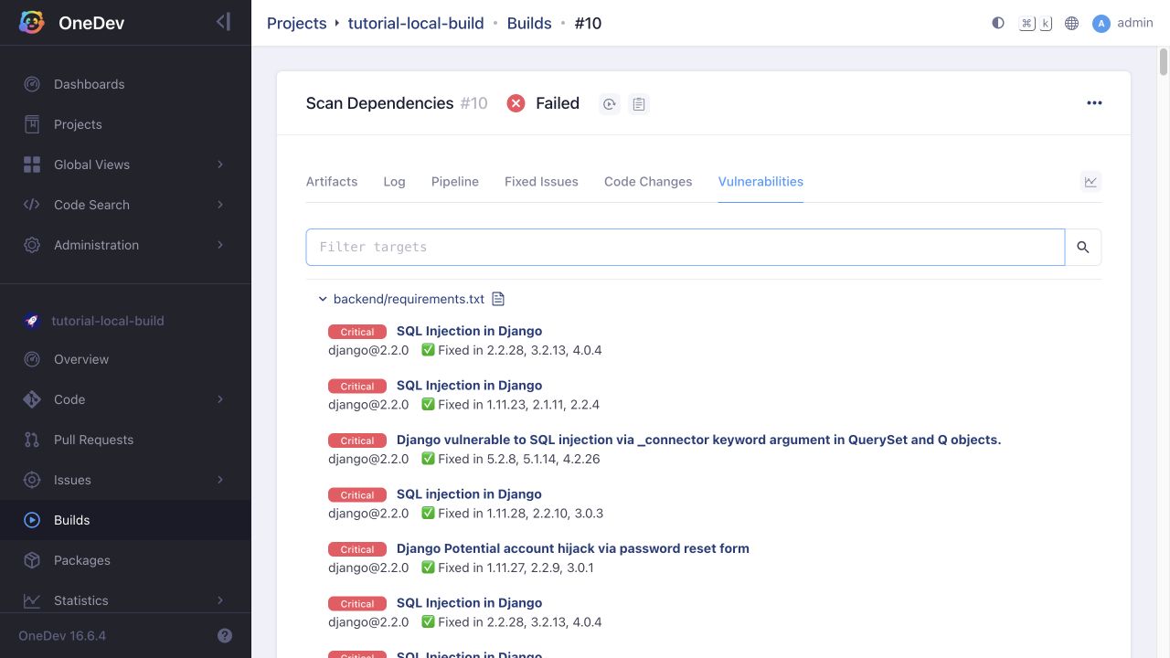 Dependency vulnerability report from the example