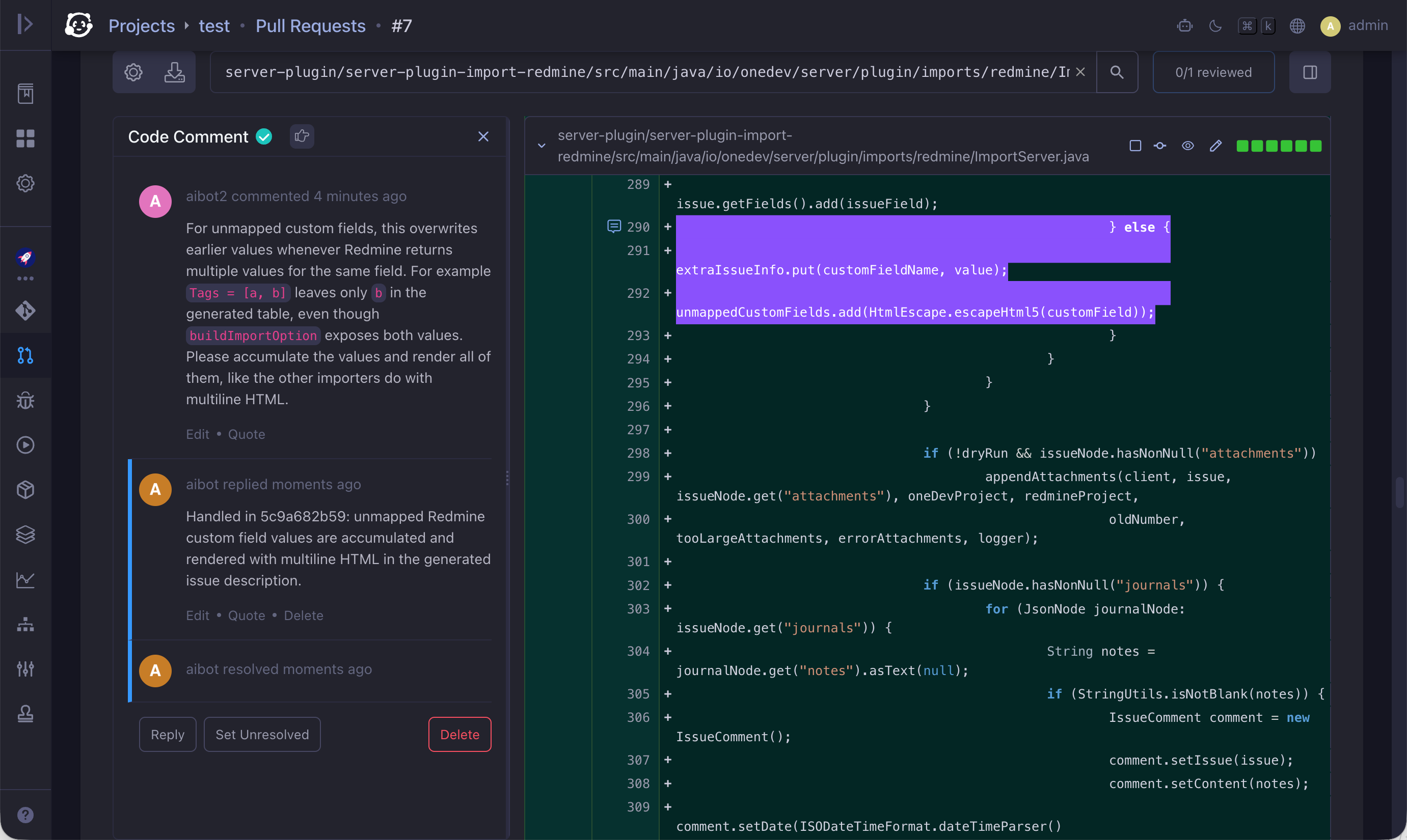 Resolved code comment