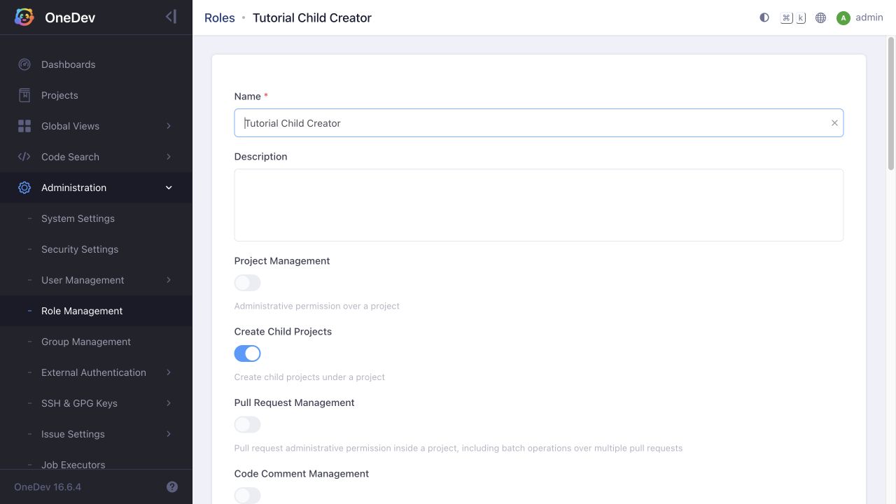 Role with Create Child Projects enabled