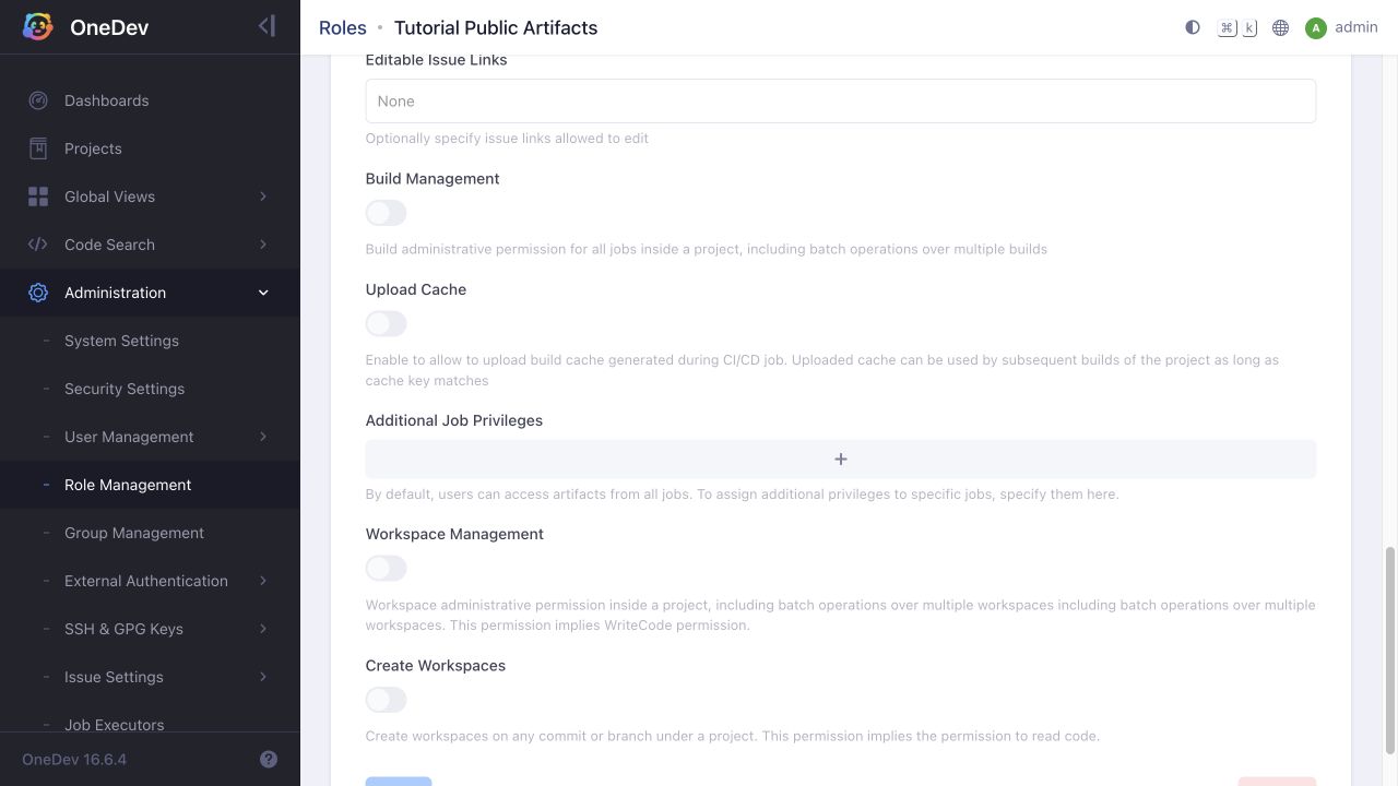 Role editor explaining artifact access for all jobs