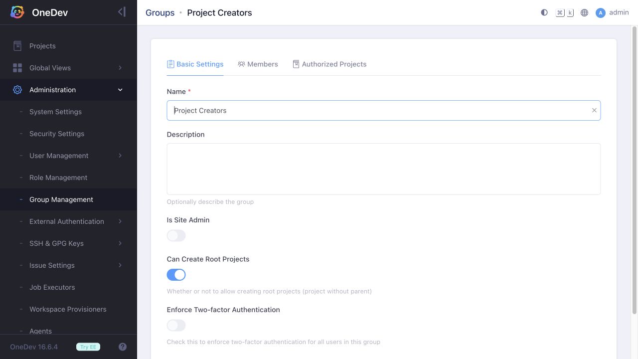 Group with root-project creation permission