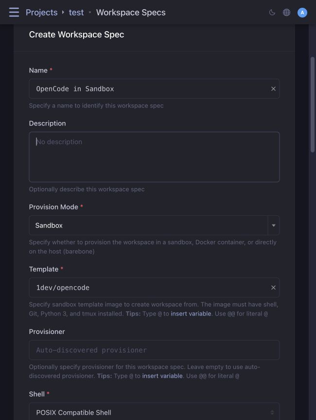Sandbox workspace spec with its template and provisioner fields