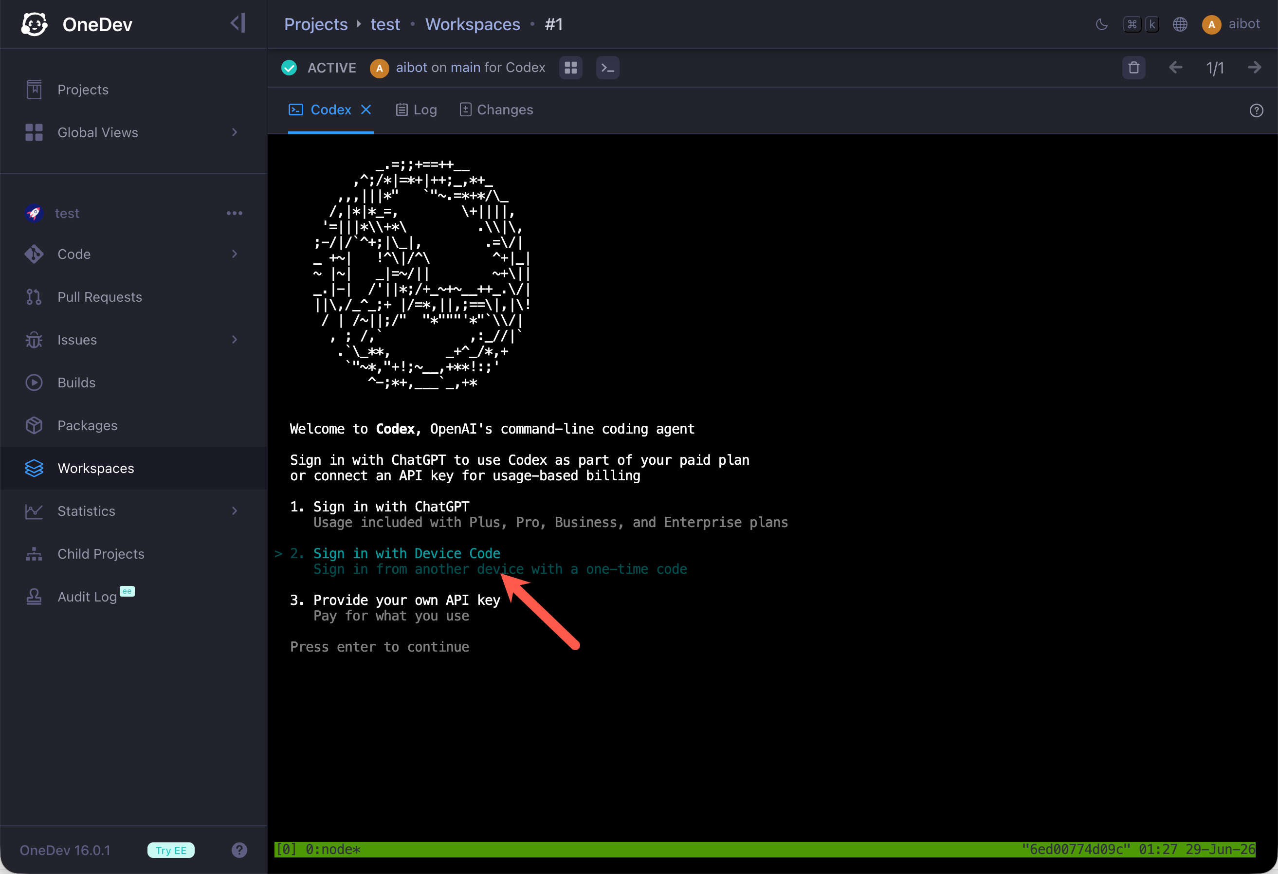 codex sign in with device code