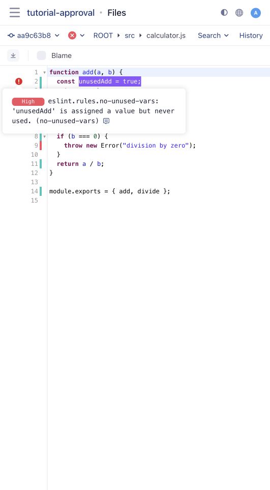 Coverage and lint details on a source file