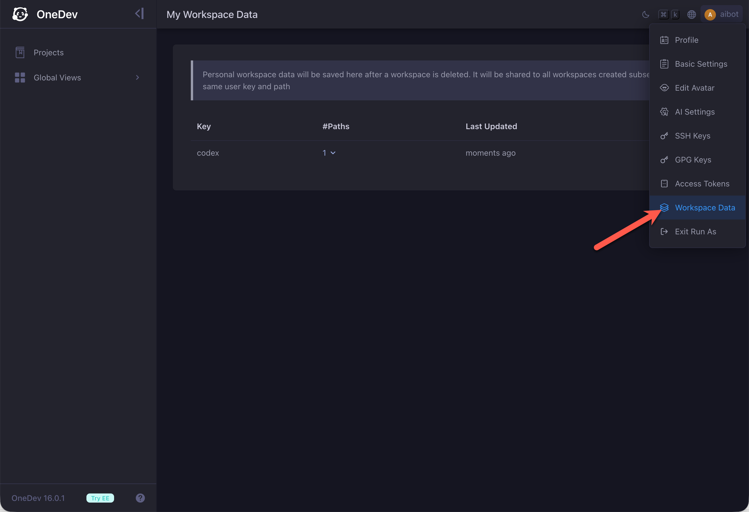 user workspace data