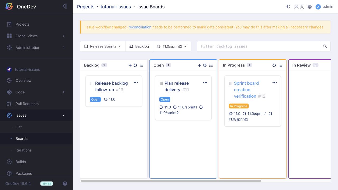 An issue moved to In Progress, with release and sprint assignments retained