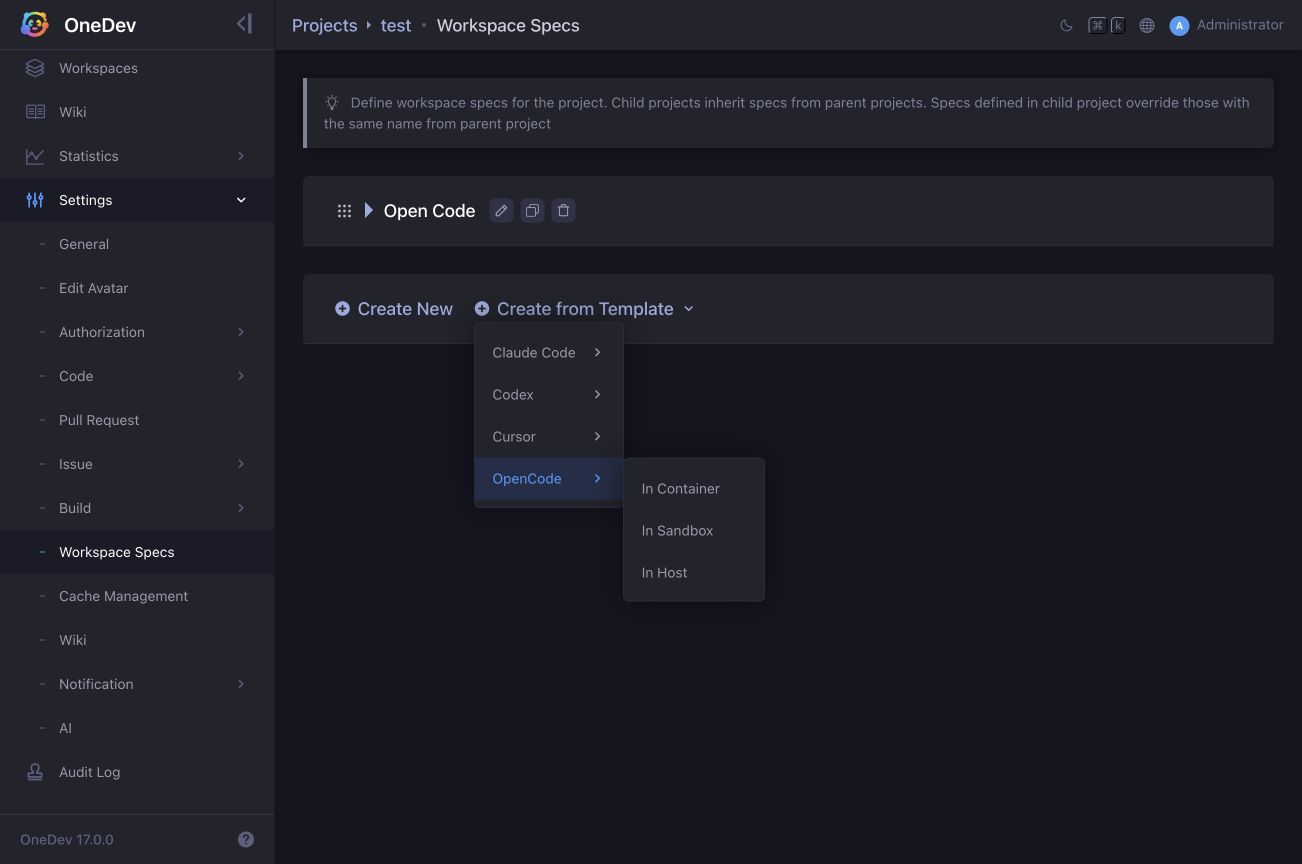 OpenCode template menu with In Container, In Sandbox, and In Host options